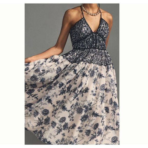 👗Anthropologie Floral Ruched Bodice Maxi Dress XL NWT Black White V-Neck Halter - Picture 4 of 15